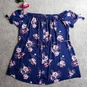 Rue+ Navy Blue and Pink Off the Shoulder Dress
